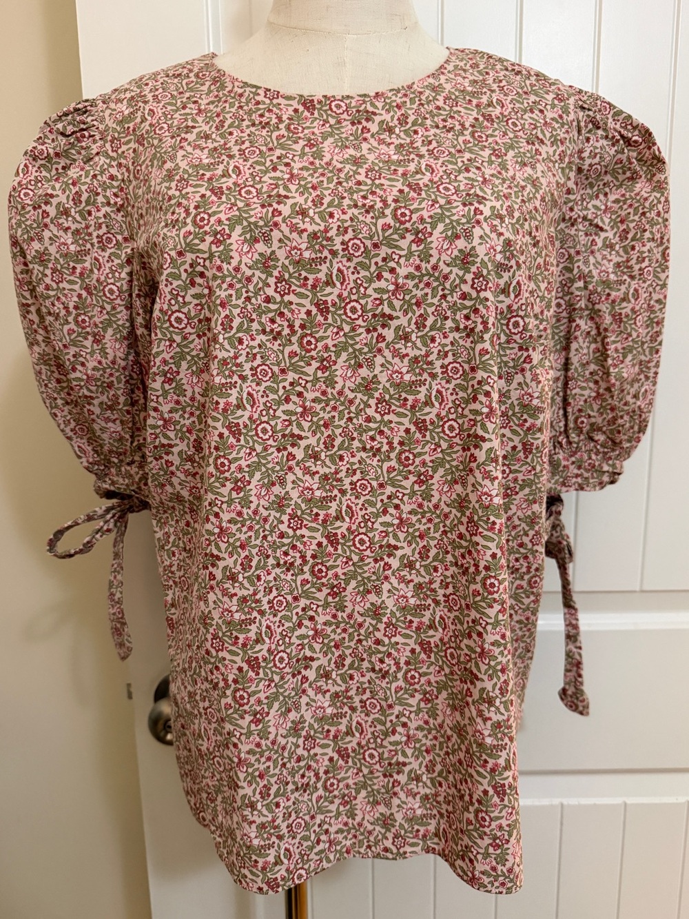 Hyacinth House Tuckernuck Floral Ditsy Puff-Tie Sleeve Top Pink & Green Lg